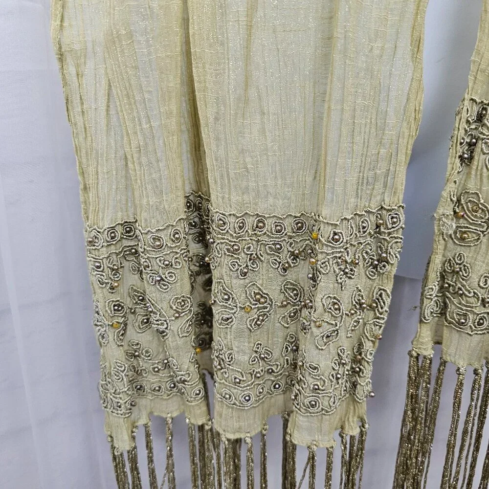 Green Boho Sheer Beaded Embroidered Shimmery Fringed Scarf - Picture 3 of 12